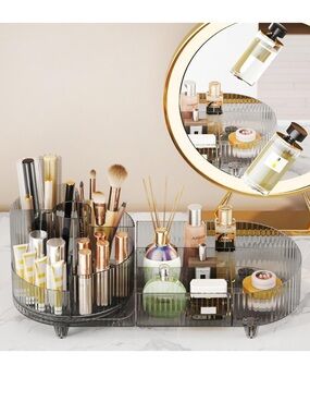 Oasis Home 360° Rotating Cosmetics Organizer Smoke Gray Gold 9 Compartments